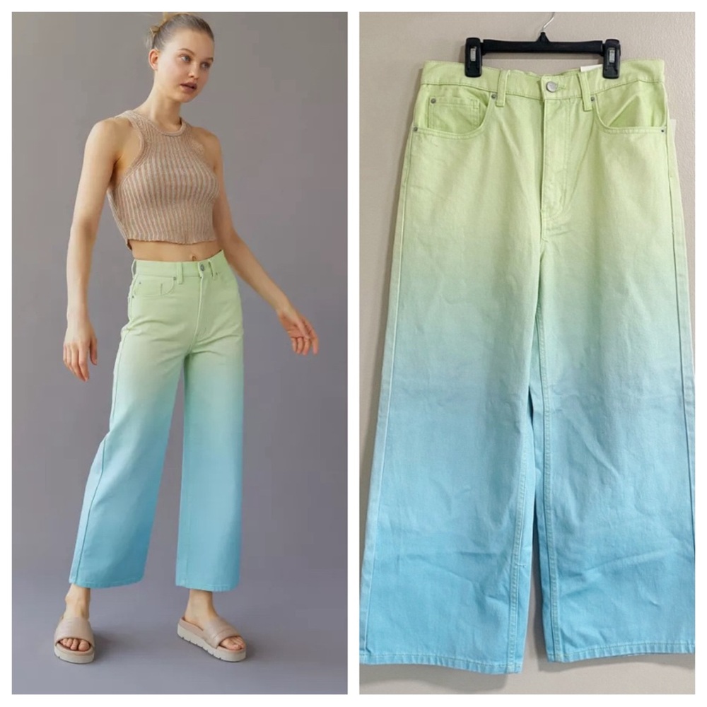 BDG Gradient Ombre Flare Jeans in Lime to Sky Blue